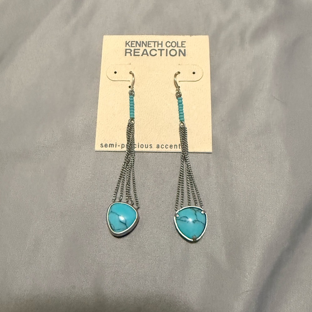 NWT Kenneth Cole Reaction Turquoise Drop Earrings Silver Chain Fringe Boho